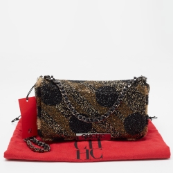 Pre Owned Carolina Herrera Gold/Black Rhinestone CH Metal Flap Bag