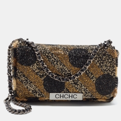 Pre Owned Carolina Herrera Gold/Black Rhinestone CH Metal Flap Bag