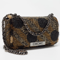 Pre Owned Carolina Herrera Gold/Black Rhinestone CH Metal Flap Bag