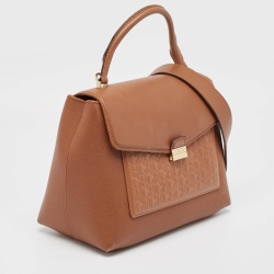Carolina Herrera Brown Monogram Embossed Leather Push Lock Top Handle Bag