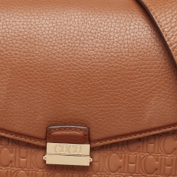 Carolina Herrera Brown Monogram Embossed Leather Push Lock Top Handle Bag
