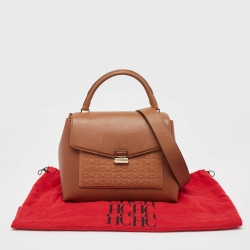 Carolina Herrera Brown Monogram Embossed Leather Push Lock Top Handle Bag