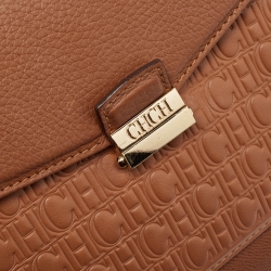 Carolina Herrera Brown Monogram Embossed Leather Push Lock Top Handle Bag
