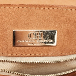 Carolina Herrera Brown Monogram Embossed Leather Push Lock Top Handle Bag