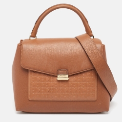 Carolina Herrera Brown Monogram Embossed Leather Push Lock Top Handle Bag
