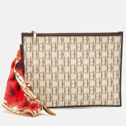 Pre Owned Carolina Herrera Brown/Beige Monogram Canvas Continental Zip Pouch with Scarf