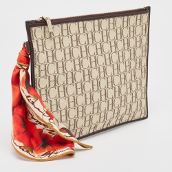 Pre Owned Carolina Herrera Brown/Beige Monogram Canvas Continental Zip Pouch with Scarf