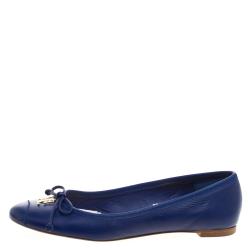 Pre Owned Carolina Herrera Blue Leather Bow Ballet Flats Size 37
