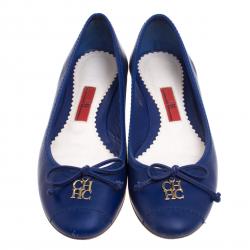 Pre Owned Carolina Herrera Blue Leather Bow Ballet Flats Size 37