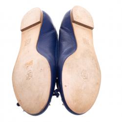Pre Owned Carolina Herrera Blue Leather Bow Ballet Flats Size 37
