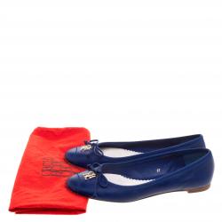 Pre Owned Carolina Herrera Blue Leather Bow Ballet Flats Size 37