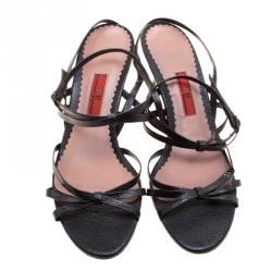 Carolina Herrera Black Pebbled Leather Strappy Slingback Sandals Size 39