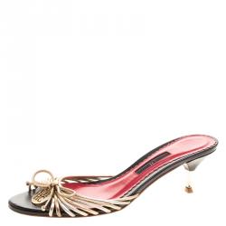 Pre Owned Carolina Herrera Metallic Gold and Silver Cord Leather Bow Slides Size 39