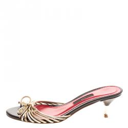 Pre Owned Carolina Herrera Metallic Gold and Silver Cord Leather Bow Slides Size 39