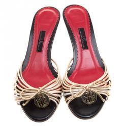 Pre Owned Carolina Herrera Metallic Gold and Silver Cord Leather Bow Slides Size 39