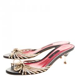 Pre Owned Carolina Herrera Metallic Gold and Silver Cord Leather Bow Slides Size 39