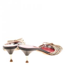 Pre Owned Carolina Herrera Metallic Gold and Silver Cord Leather Bow Slides Size 39