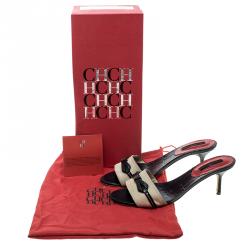 Pre Owned Carolina Herrera Beige/Navy Blue Suede and Leather Mules Size 37