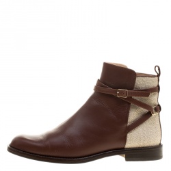 Pre Owned حذاء بوت كارولينا هيريرا كانفاس وجلد بيج/بني مقاس 38