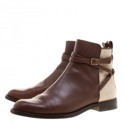 Pre Owned حذاء بوت كارولينا هيريرا كانفاس وجلد بيج/بني مقاس 38