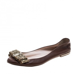 Pre Owned Carolina Herrera Brown Leather Bow Ballet Flats Size 37