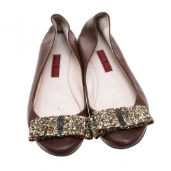 Pre Owned Carolina Herrera Brown Leather Bow Ballet Flats Size 37