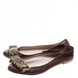 Pre Owned Carolina Herrera Brown Leather Bow Ballet Flats Size 37