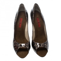 Pre Owned Carolina Herrera Leopard Print Leather Peep Toe Pumps Size 39