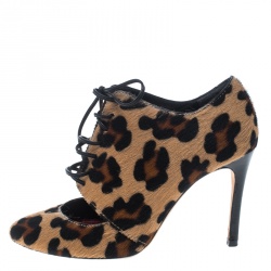 Pre Owned Carolina Herrera Leopard Print Calf Hair Cut Out Lace Up Booties Size 36