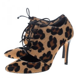 Pre Owned Carolina Herrera Leopard Print Calf Hair Cut Out Lace Up Booties Size 36