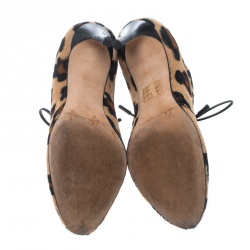 Pre Owned Carolina Herrera Leopard Print Calf Hair Cut Out Lace Up Booties Size 36