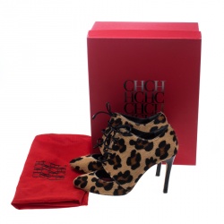 Pre Owned Carolina Herrera Leopard Print Calf Hair Cut Out Lace Up Booties Size 36