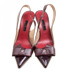 Pre Owned Carolina Herrera Burgundy Leather Bow Detail Pointed Toe Slingback Sandals Size 40