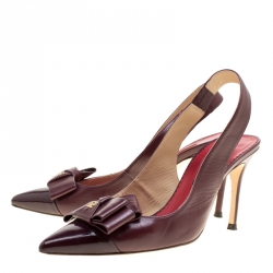 Pre Owned Carolina Herrera Burgundy Leather Bow Detail Pointed Toe Slingback Sandals Size 40
