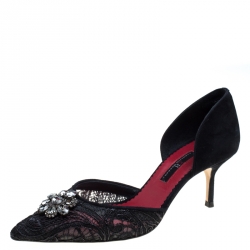 Carolina Herrera Black Lace Crystal Embellished D'orsay Pumps Size 38