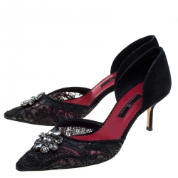 Carolina Herrera Black Lace Crystal Embellished D'orsay Pumps Size 38