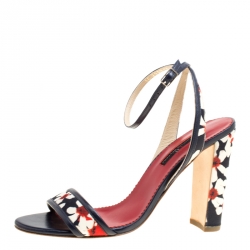 Carolina Herrera Blue Multicolor Floral Printed Fabric and Leather Ankle Strap Sandals Size 39