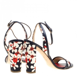Carolina Herrera Blue Multicolor Floral Printed Fabric and Leather Ankle Strap Sandals Size 39