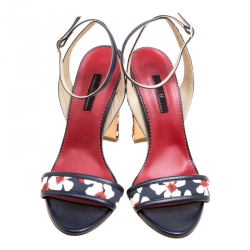 Carolina Herrera Blue Multicolor Floral Printed Fabric and Leather Ankle Strap Sandals Size 39