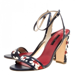 Carolina Herrera Blue Multicolor Floral Printed Fabric and Leather Ankle Strap Sandals Size 39