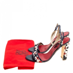 Carolina Herrera Blue Multicolor Floral Printed Fabric and Leather Ankle Strap Sandals Size 39