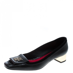 Pre Owned Carolina Herrera Black Leather and Suede Logo Detail Square Toe Pumps Size 38