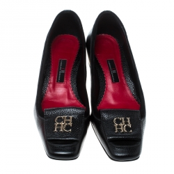 Pre Owned Carolina Herrera Black Leather and Suede Logo Detail Square Toe Pumps Size 38