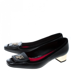 Pre Owned Carolina Herrera Black Leather and Suede Logo Detail Square Toe Pumps Size 38