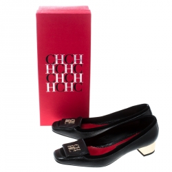 Pre Owned Carolina Herrera Black Leather and Suede Logo Detail Square Toe Pumps Size 38