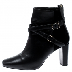 Pre Owned حذاء بوت كاحل كارولينا هيريرا كعب عريض سيور متعاكسة سويدي وجلد أسود مقاس 39