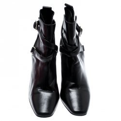 Pre Owned حذاء بوت كاحل كارولينا هيريرا كعب عريض سيور متعاكسة سويدي وجلد أسود مقاس 39