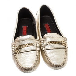 Pre Owned CH Carolina Herrera Metallic Gold Leather Moccasins Size 41