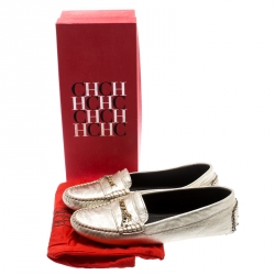 Pre Owned CH Carolina Herrera Metallic Gold Leather Moccasins Size 41