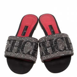 Pre Owned Carolina Herrera Grey/Black Crystal Embellished Mar de Slides Size 39